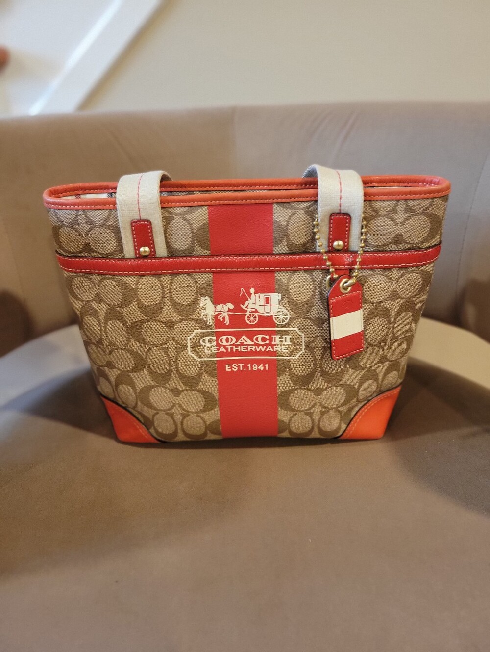 COACH Signature Tattersall Lining Canvas Tote with Red Accents - Picture 1 of 14